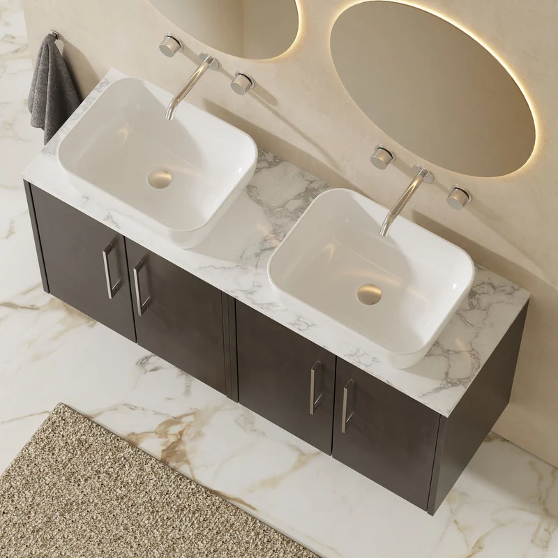 Juno 1200mm Wall Hung 4 Door Vanity Unit & Carrera Marble Laminate Worktop - Metallic Slate Matt