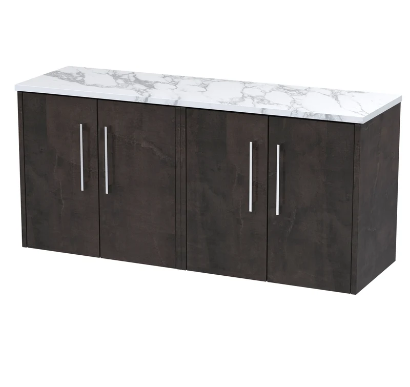 Juno 1200mm Wall Hung 4 Door Vanity Unit & Carrera Marble Laminate Worktop - Metallic Slate Matt