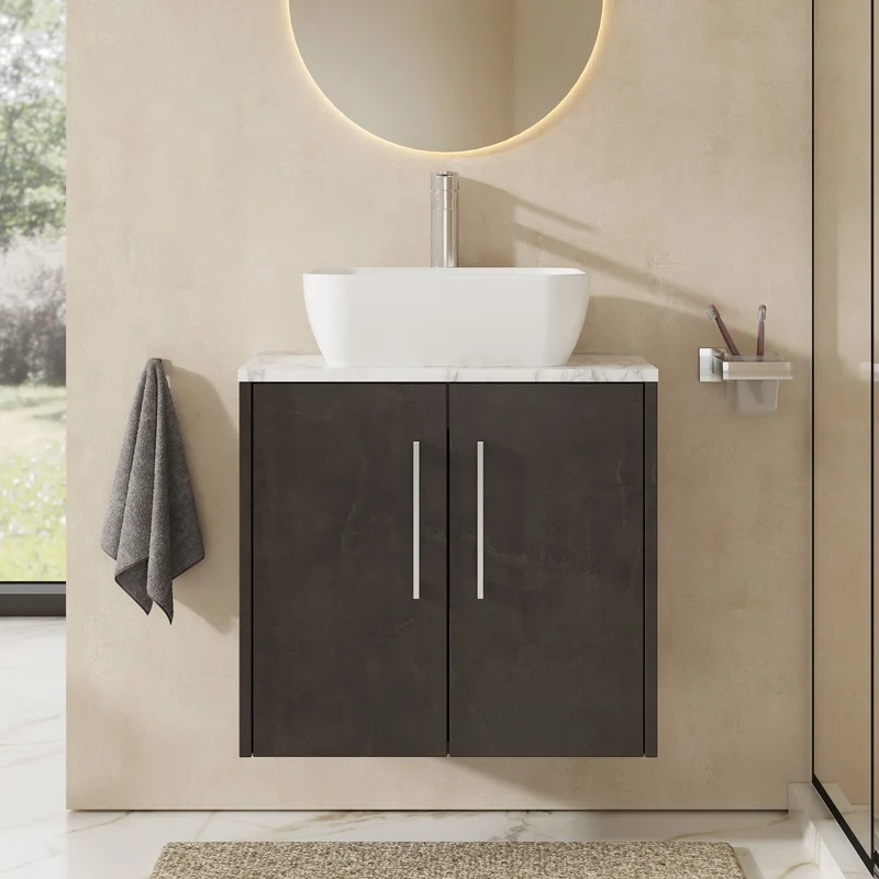 Juno 600mm Wall Hung 2 Door Vanity Unit & Carrera Marble Laminate Worktop - Metallic Slate Matt