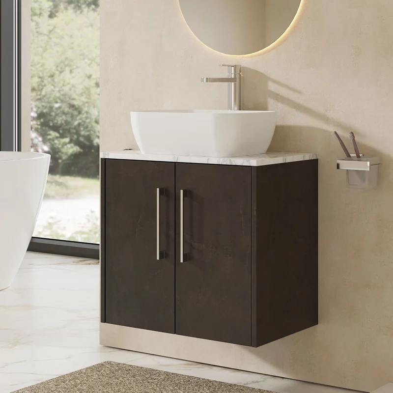 Juno 600mm Wall Hung 2 Door Vanity Unit & Carrera Marble Laminate Worktop - Metallic Slate Matt