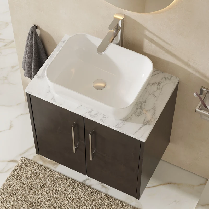 Juno 600mm Wall Hung 2 Door Vanity Unit & Carrera Marble Laminate Worktop - Metallic Slate Matt