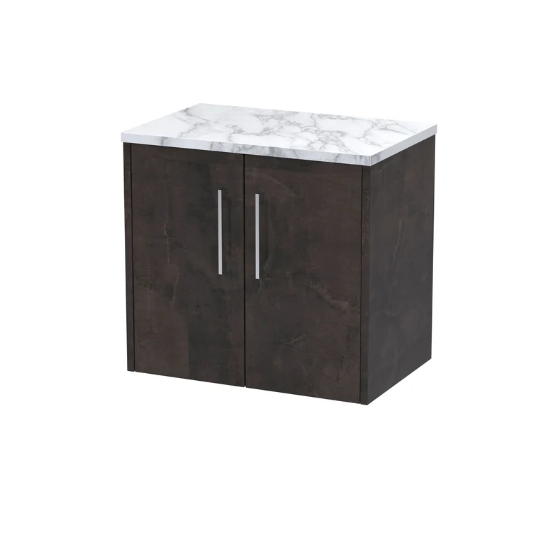 Juno 600mm Wall Hung 2 Door Vanity Unit & Carrera Marble Laminate Worktop - Metallic Slate Matt