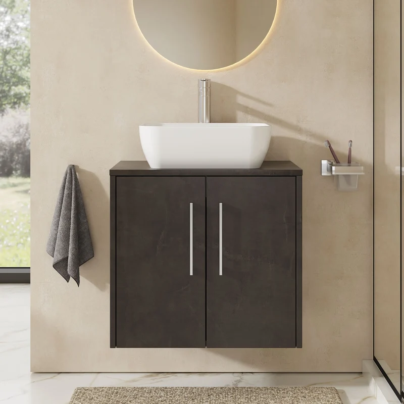 Juno 600mm Wall Hung 2 Door Vanity Unit & Worktop - Metallic Slate Matt