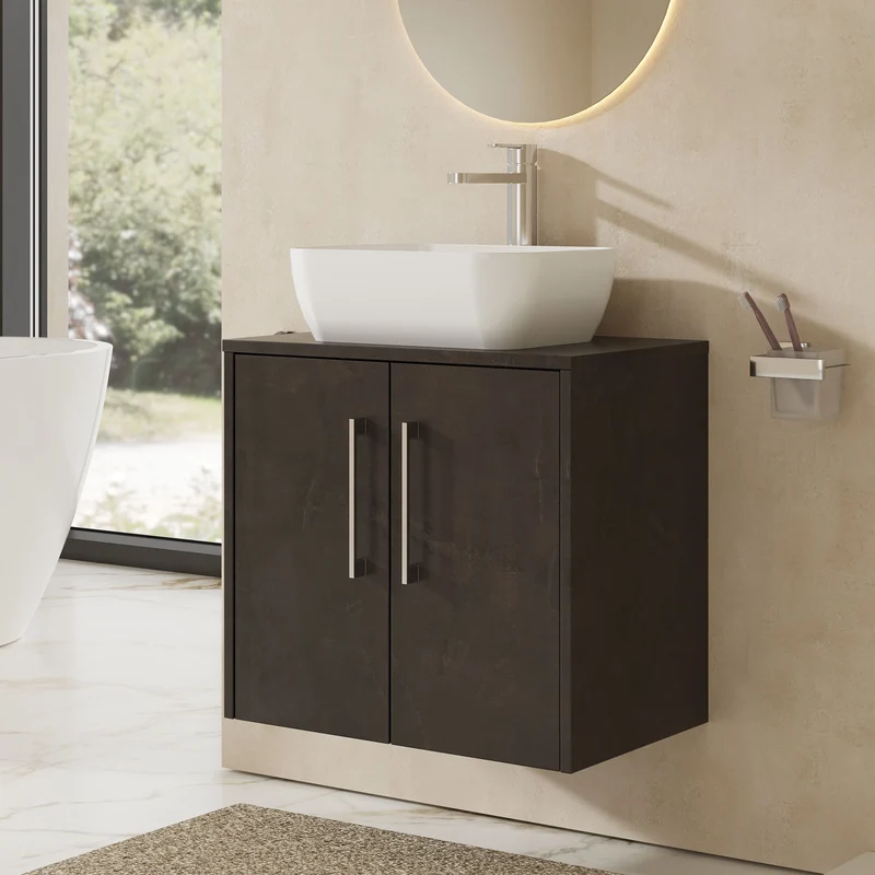 Juno 600mm Wall Hung 2 Door Vanity Unit & Worktop - Metallic Slate Matt