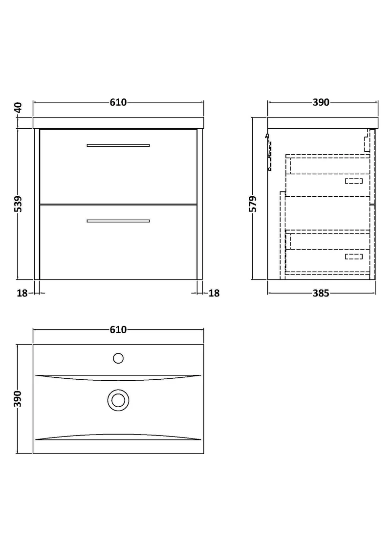 Juno 600mm Wall Hung 2 Drawer Vanity Unit & Mid Edge Ceramic Basin - Metallic Slate Matt