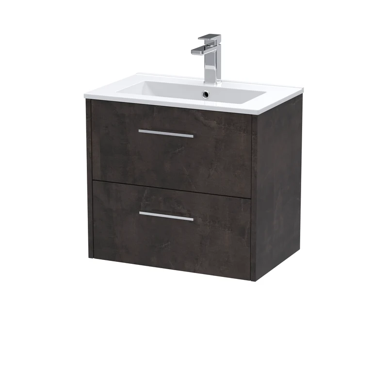 Juno 600mm Wall Hung 2 Drawer Vanity Unit & Minimalist Ceramic Basin - Metallic Slate Matt