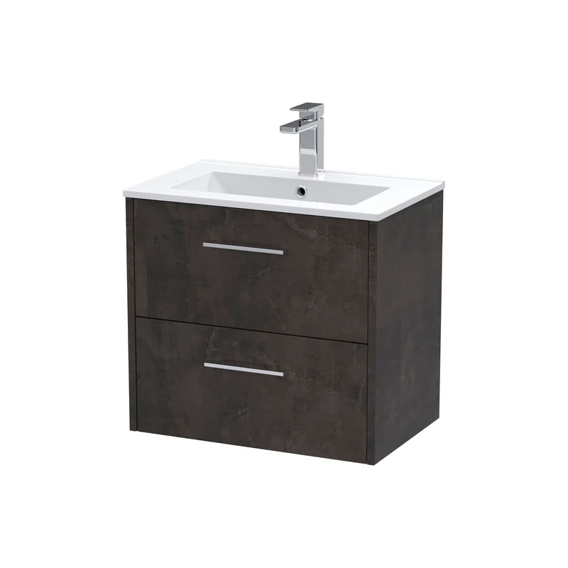 Juno 600mm Wall Hung 2 Drawer Vanity Unit & Minimalist Ceramic Basin - Metallic Slate Matt