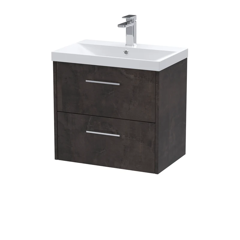 Juno 600mm Wall Hung 2 Drawer Vanity Unit & Thin Edge Ceramic Basin - Metallic Slate Matt