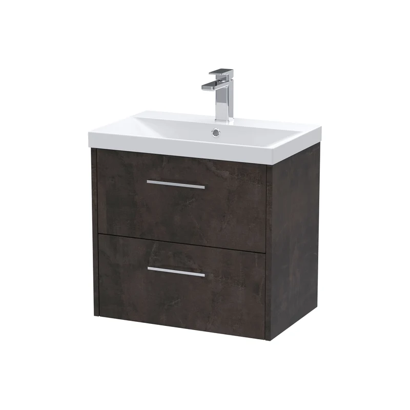 Juno 600mm Wall Hung 2 Drawer Vanity Unit & Thin Edge Ceramic Basin - Metallic Slate Matt