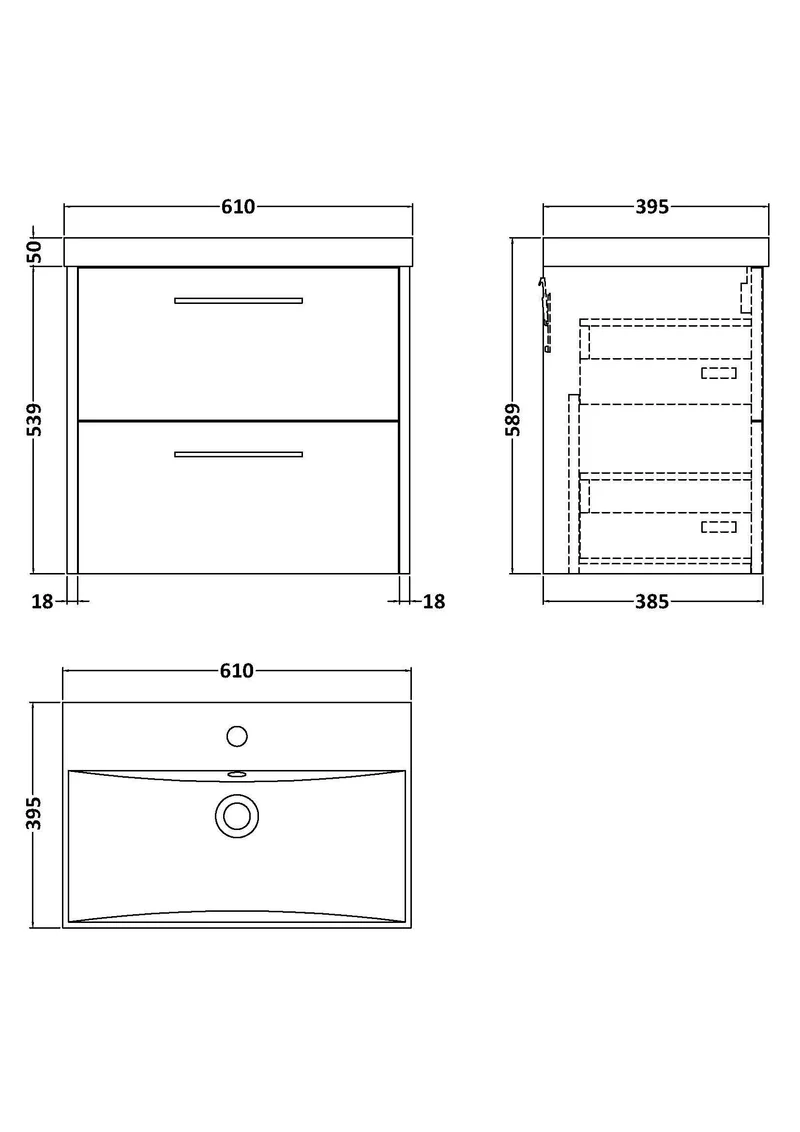 Juno 600mm Wall Hung 2 Drawer Vanity Unit & Thin Edge Ceramic Basin - Metallic Slate Matt
