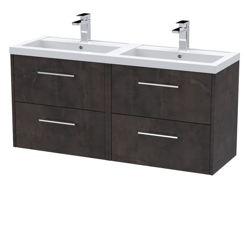 Juno 1200mm Wall Hung 4 Drawer Vanity Unit & Double Polymarble Basin - Metallic Slate Matt