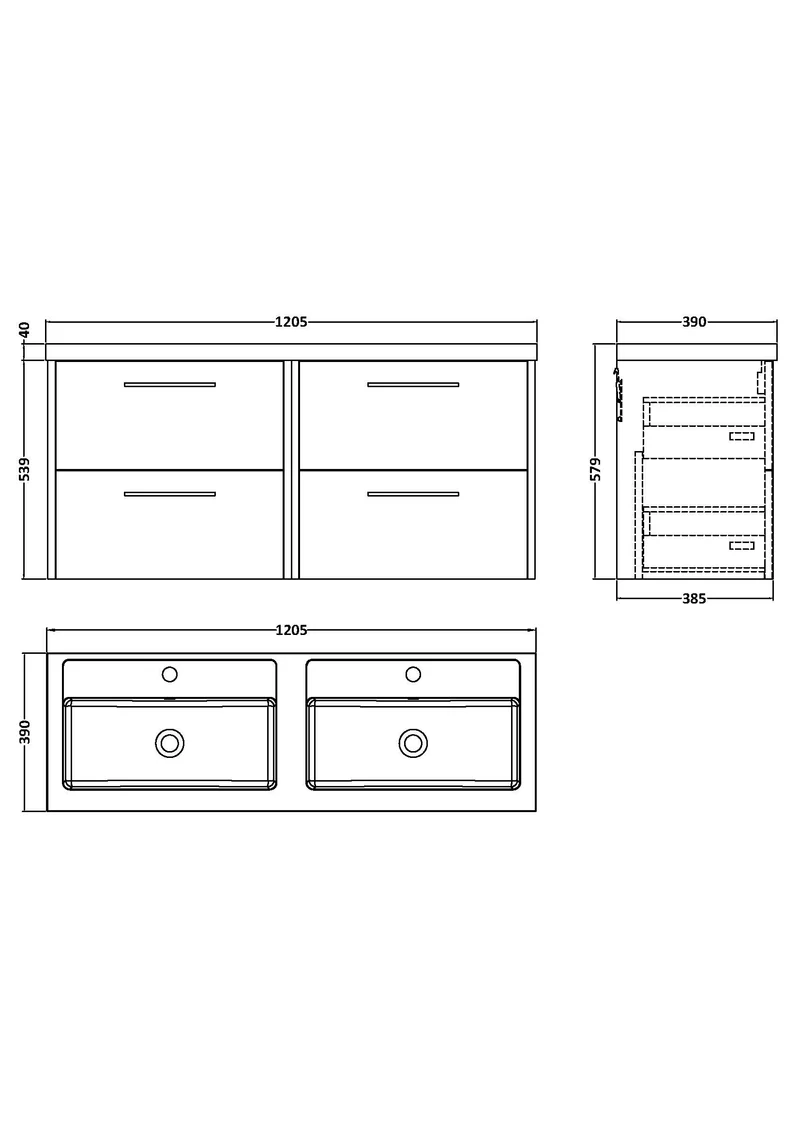 Juno 1200mm Wall Hung 4 Drawer Vanity Unit & Double Polymarble Basin - Metallic Slate Matt