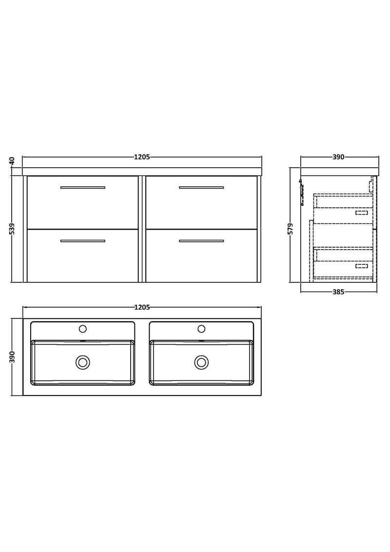 Juno 1200mm Wall Hung 4 Drawer Vanity Unit & Double Polymarble Basin - Metallic Slate Matt