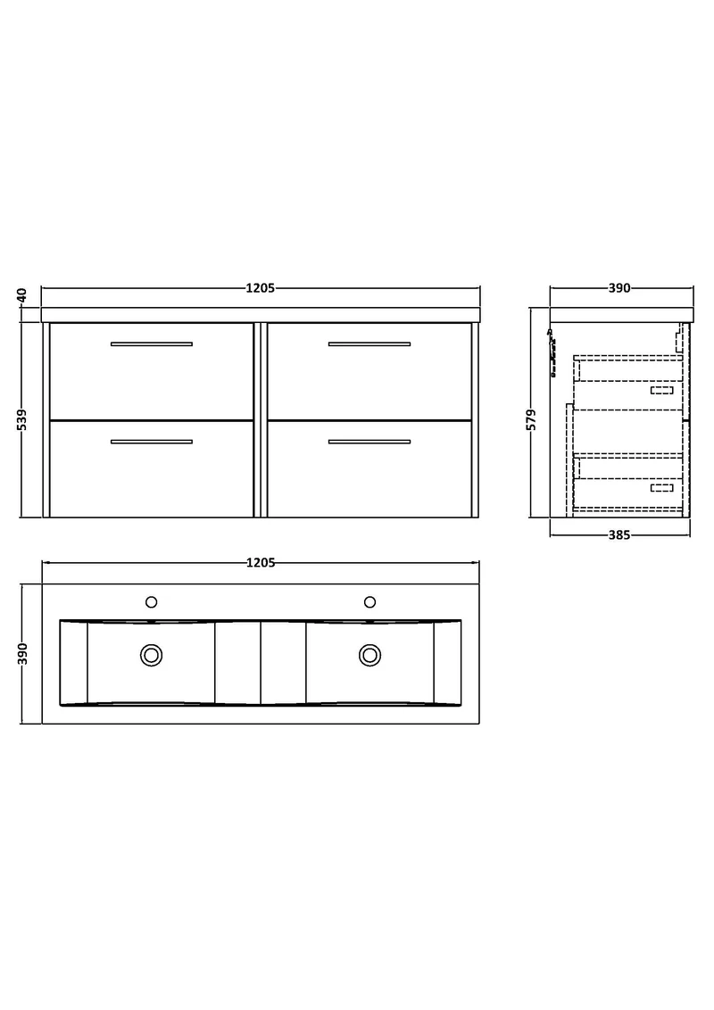 Juno 1200mm Wall Hung 4 Drawer Vanity Unit & Double Ceramic Basin - Metallic Slate Matt