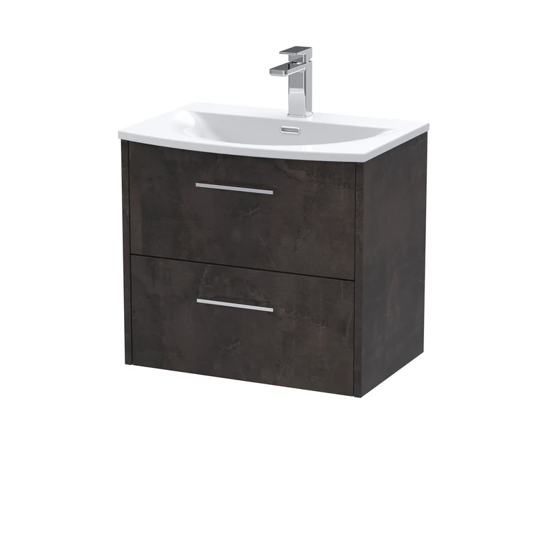 Juno 600mm Wall Hung 2 Drawer Vanity Unit & Curved Ceramic Basin - Metallic Slate Matt