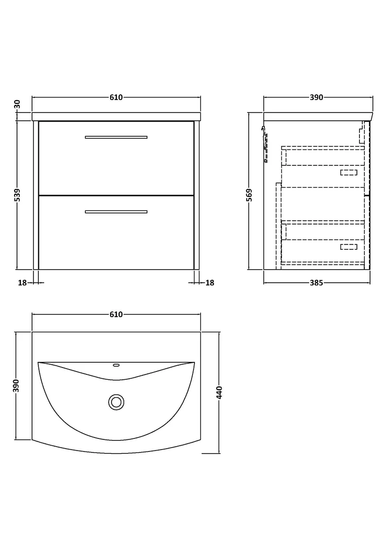Juno 600mm Wall Hung 2 Drawer Vanity Unit & Curved Ceramic Basin - Metallic Slate Matt