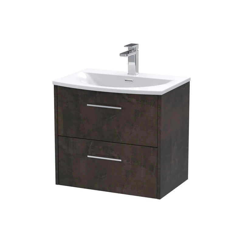 Juno 600mm Wall Hung 2 Drawer Vanity Unit & Curved Ceramic Basin - Metallic Slate Matt