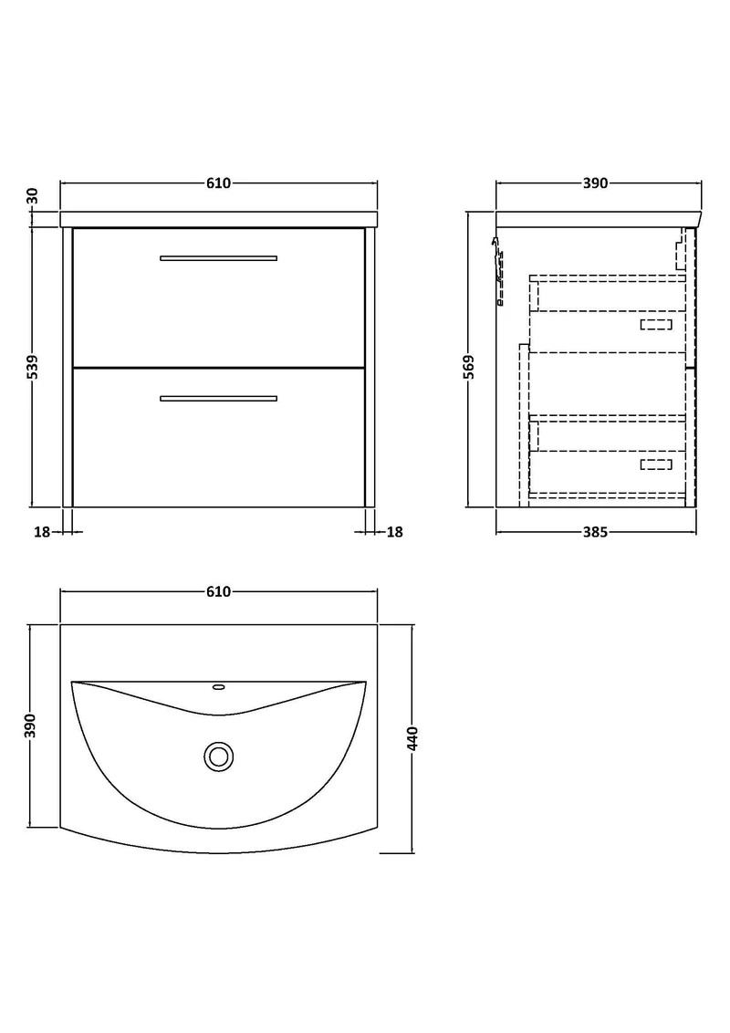 Juno 600mm Wall Hung 2 Drawer Vanity Unit & Curved Ceramic Basin - Metallic Slate Matt