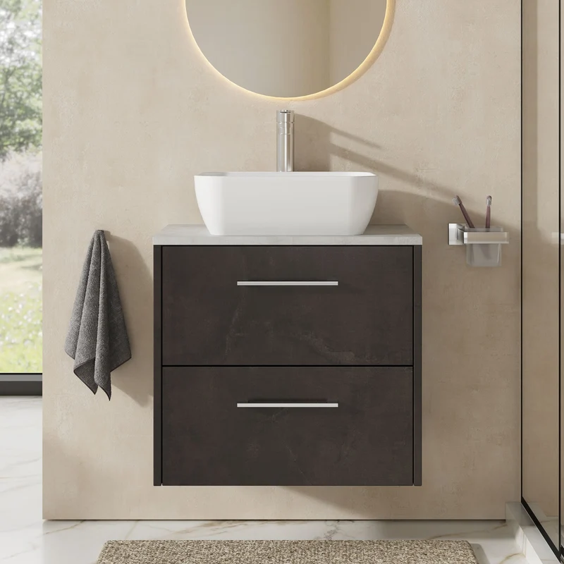 Juno 600mm Wall Hung 2 Drawer Vanity Unit & Bellato Grey Laminate Worktop - Metallic Slate Matt