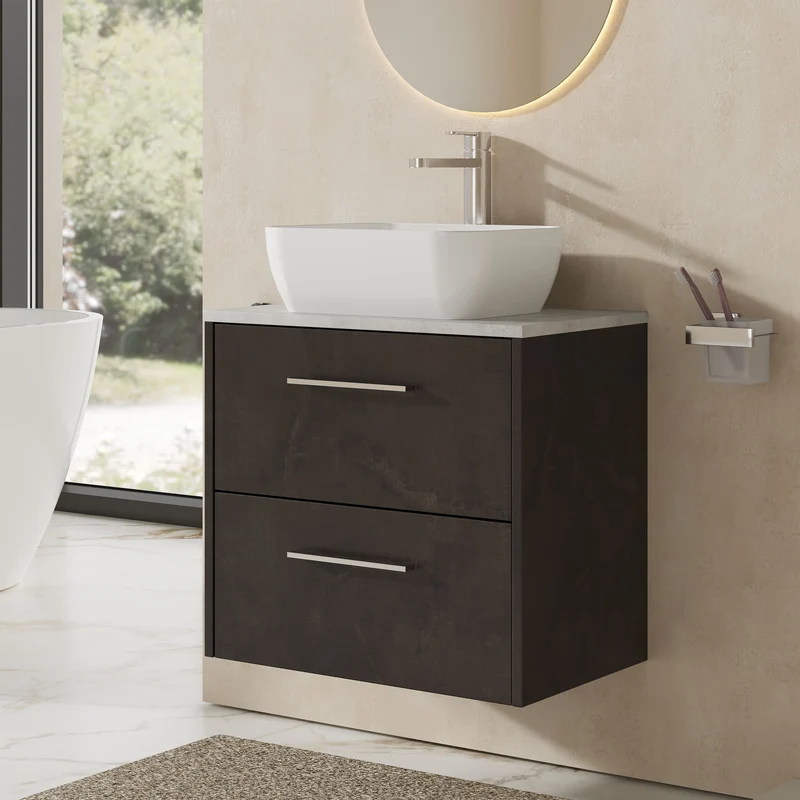 Juno 600mm Wall Hung 2 Drawer Vanity Unit & Bellato Grey Laminate Worktop - Metallic Slate Matt