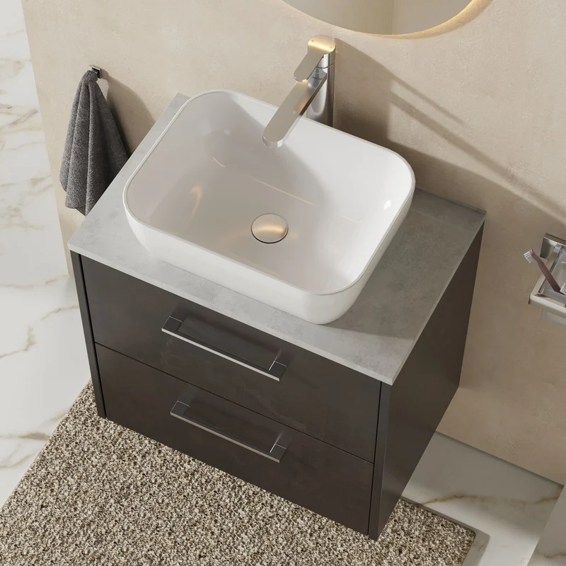 Juno 600mm Wall Hung 2 Drawer Vanity Unit & Bellato Grey Laminate Worktop - Metallic Slate Matt