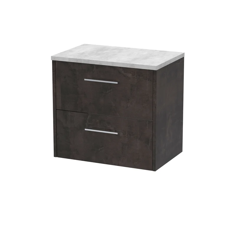 Juno 600mm Wall Hung 2 Drawer Vanity Unit & Bellato Grey Laminate Worktop - Metallic Slate Matt