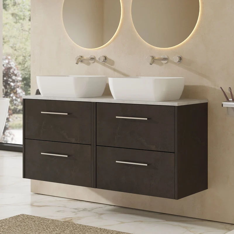 Juno 1200mm Wall Hung 4 Drawer Vanity Unit & Bellato Grey Laminate Worktop - Metallic Slate Matt