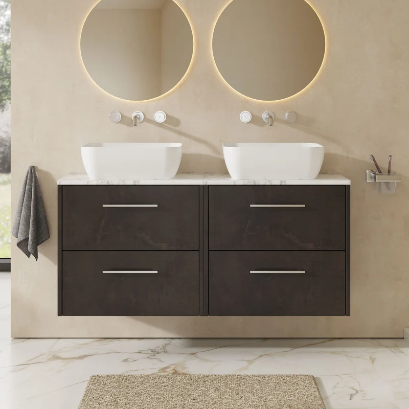 Juno 1200mm Wall Hung 4 Drawer Vanity Unit & Carrera Marble Laminate Worktop - Metallic Slate Matt