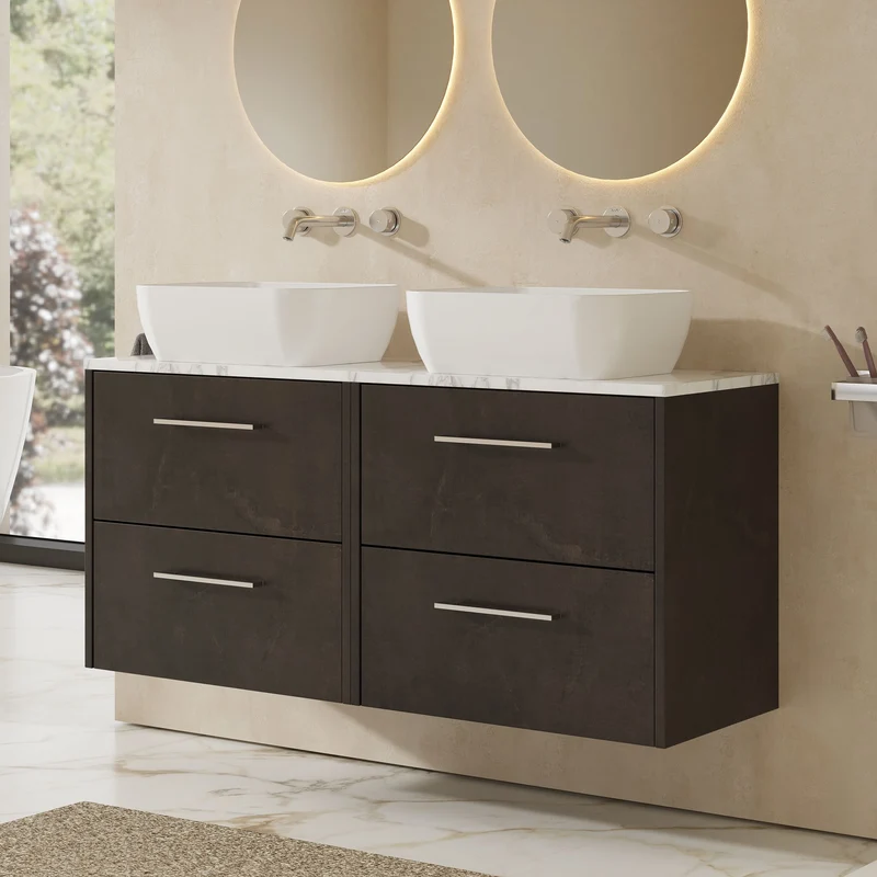 Juno 1200mm Wall Hung 4 Drawer Vanity Unit & Carrera Marble Laminate Worktop - Metallic Slate Matt