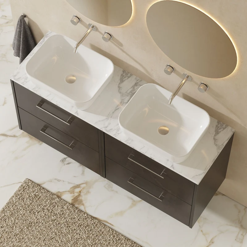 Juno 1200mm Wall Hung 4 Drawer Vanity Unit & Carrera Marble Laminate Worktop - Metallic Slate Matt