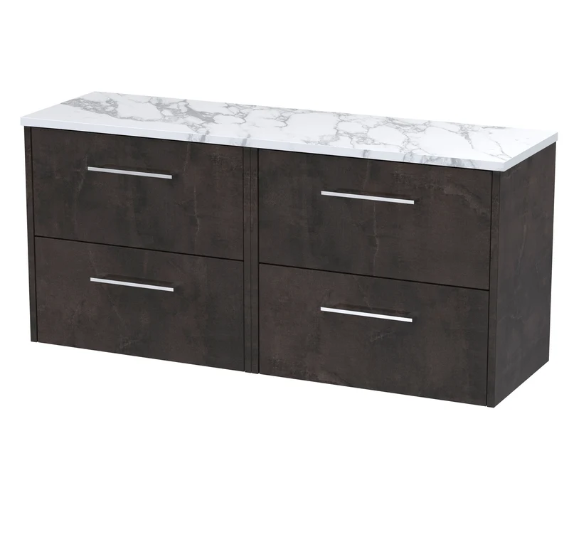 Juno 1200mm Wall Hung 4 Drawer Vanity Unit & Carrera Marble Laminate Worktop - Metallic Slate Matt