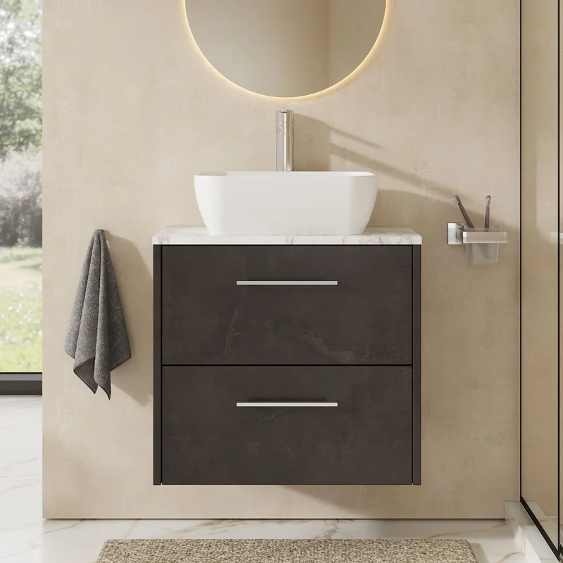 Juno 600mm Wall Hung 2 Drawer Vanity Unit & Carrera Marble Laminate Worktop - Metallic Slate Matt