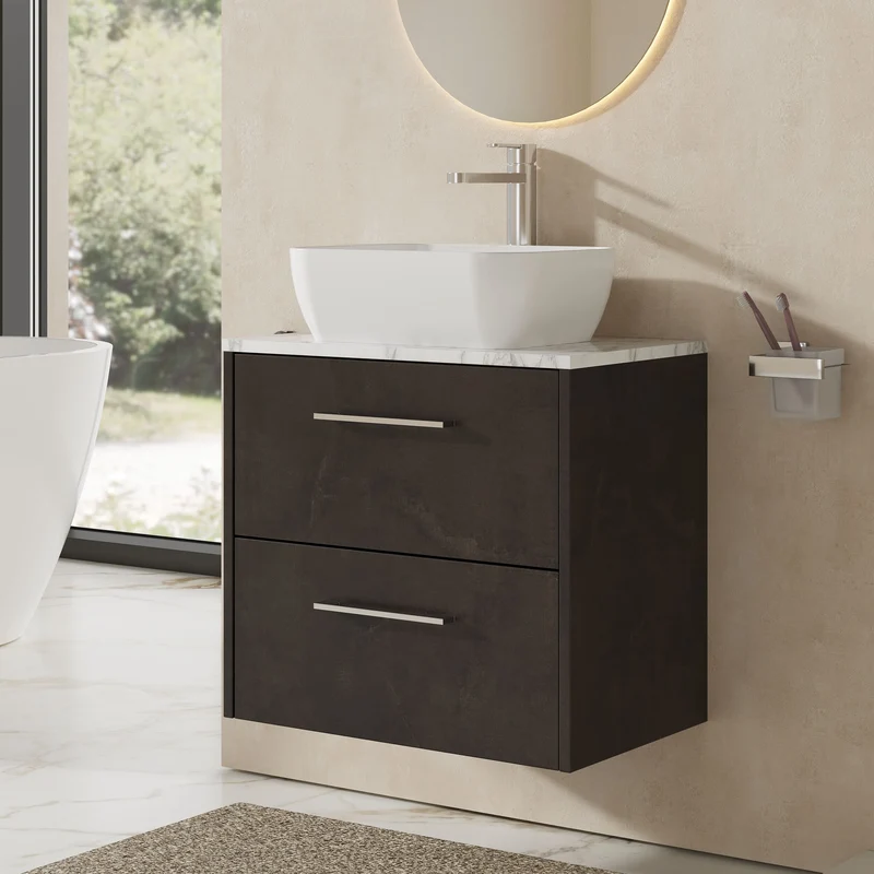 Juno 600mm Wall Hung 2 Drawer Vanity Unit & Carrera Marble Laminate Worktop - Metallic Slate Matt