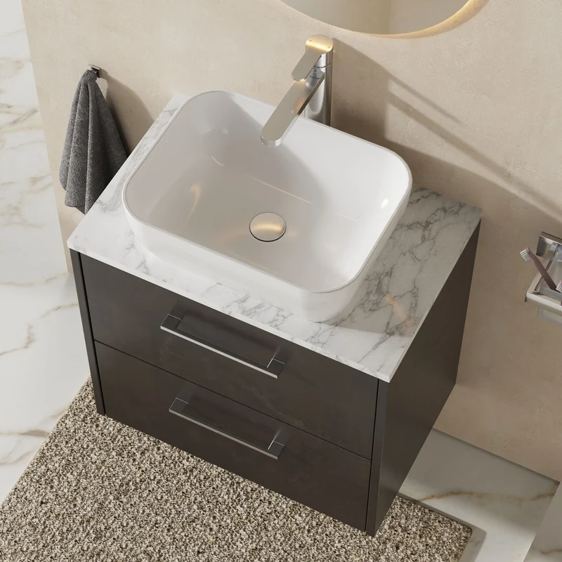 Juno 600mm Wall Hung 2 Drawer Vanity Unit & Carrera Marble Laminate Worktop - Metallic Slate Matt