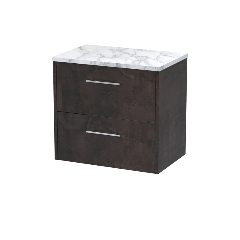 Juno 600mm Wall Hung 2 Drawer Vanity Unit & Carrera Marble Laminate Worktop - Metallic Slate Matt