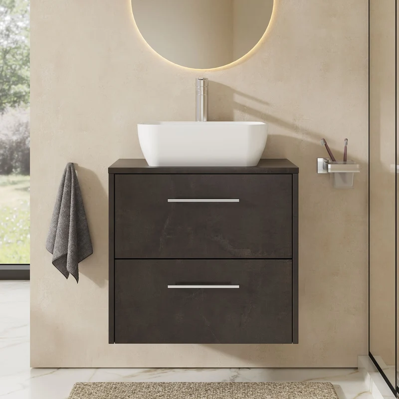 Juno 600mm Wall Hung 2 Drawer Vanity Unit & Worktop - Metallic Slate Matt