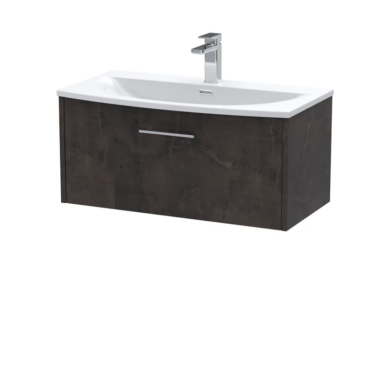 Juno 800mm Wall Hung 1 Drawer Vanity Unit & Curved Ceramic Basin - Metallic Slate Matt