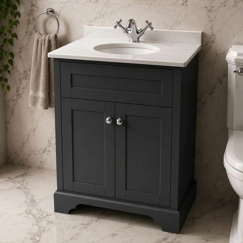 Kingsbury 600mm Traditional Floor Standing Vanity Unit With Marble Top And Undermount Bowl - Dark Grey