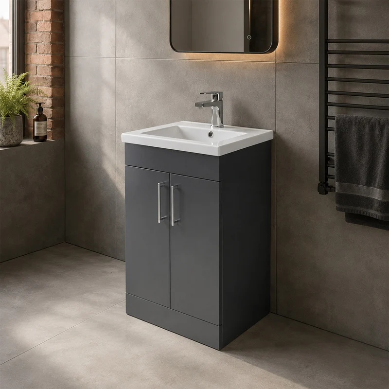 Ardan 600mm 2 Door Floor Standing Vanity Unit & Basin - Anthracite