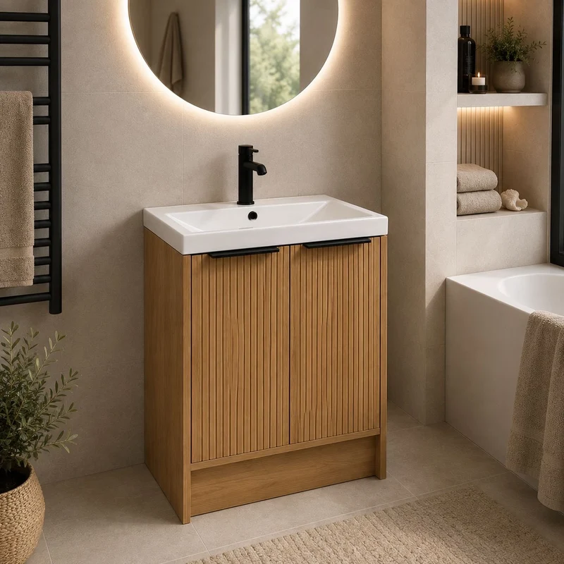 Urbano 600mm Space Saver Floor Standing 2 Door Unit & Basin - Acousta Oak