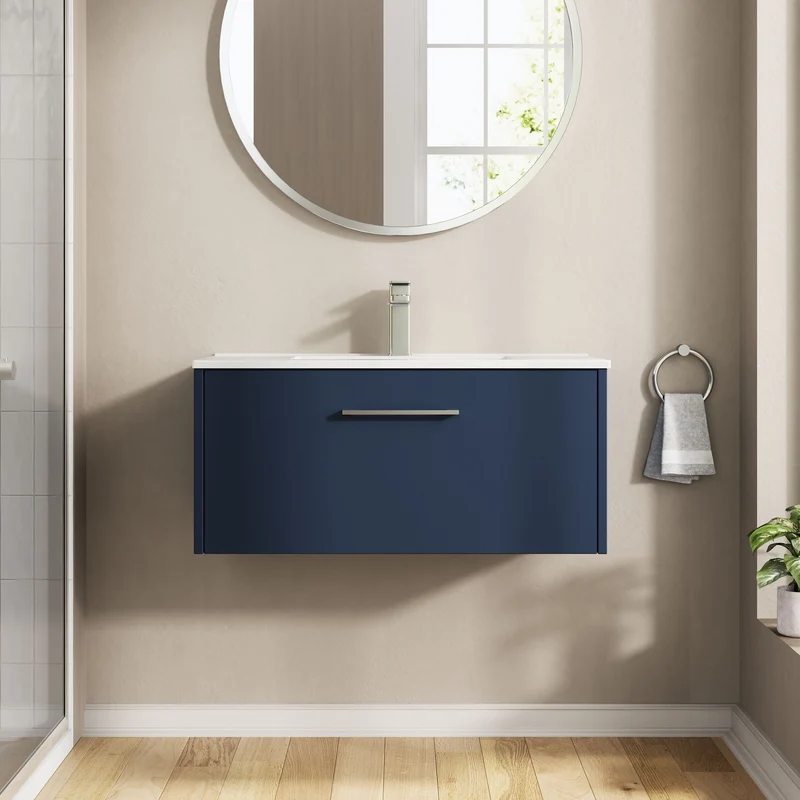 Juno 800mm Wall Hung 1 Drawer Vanity Unit & Minimalist Ceramic Basin - Midnight Blue Matt