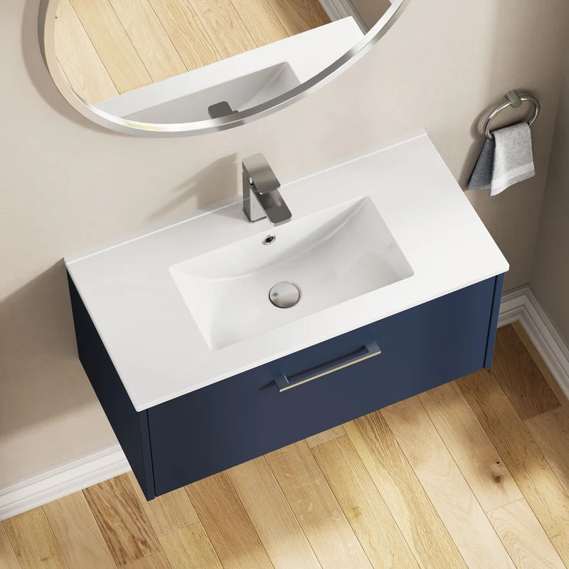Juno 800mm Wall Hung 1 Drawer Vanity Unit & Minimalist Ceramic Basin - Midnight Blue Matt