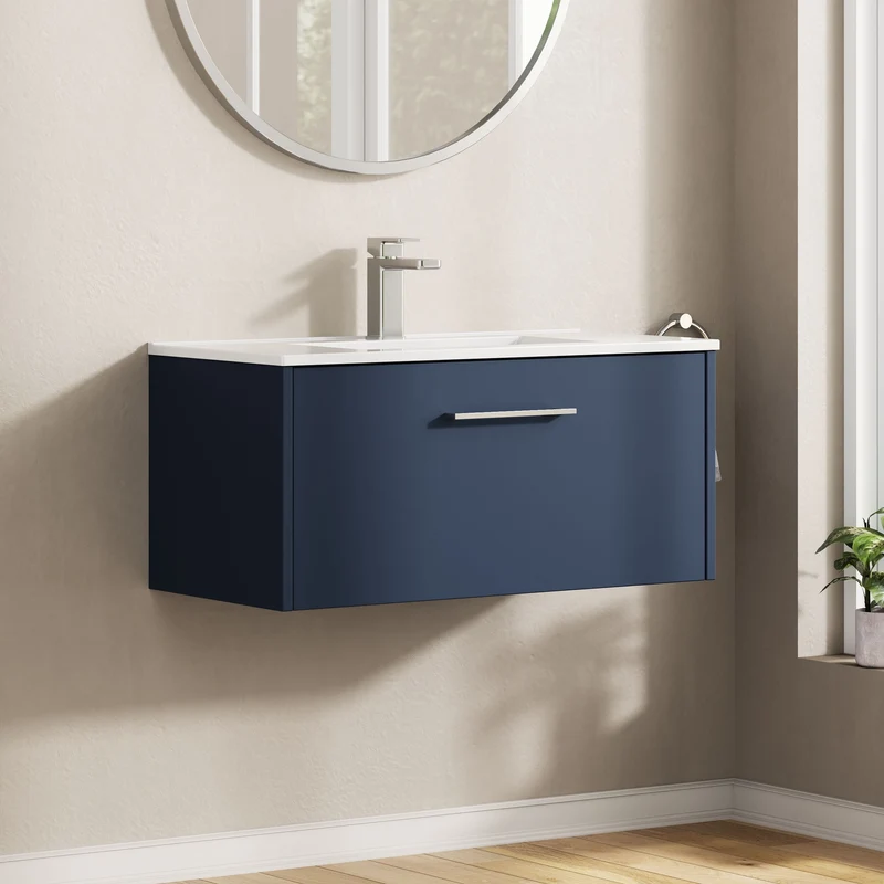 Juno 800mm Wall Hung 1 Drawer Vanity Unit & Minimalist Ceramic Basin - Midnight Blue Matt