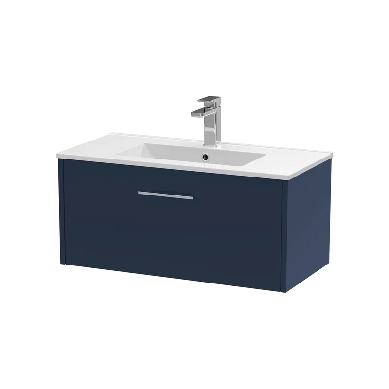 Juno 800mm Wall Hung 1 Drawer Vanity Unit & Minimalist Ceramic Basin - Midnight Blue Matt