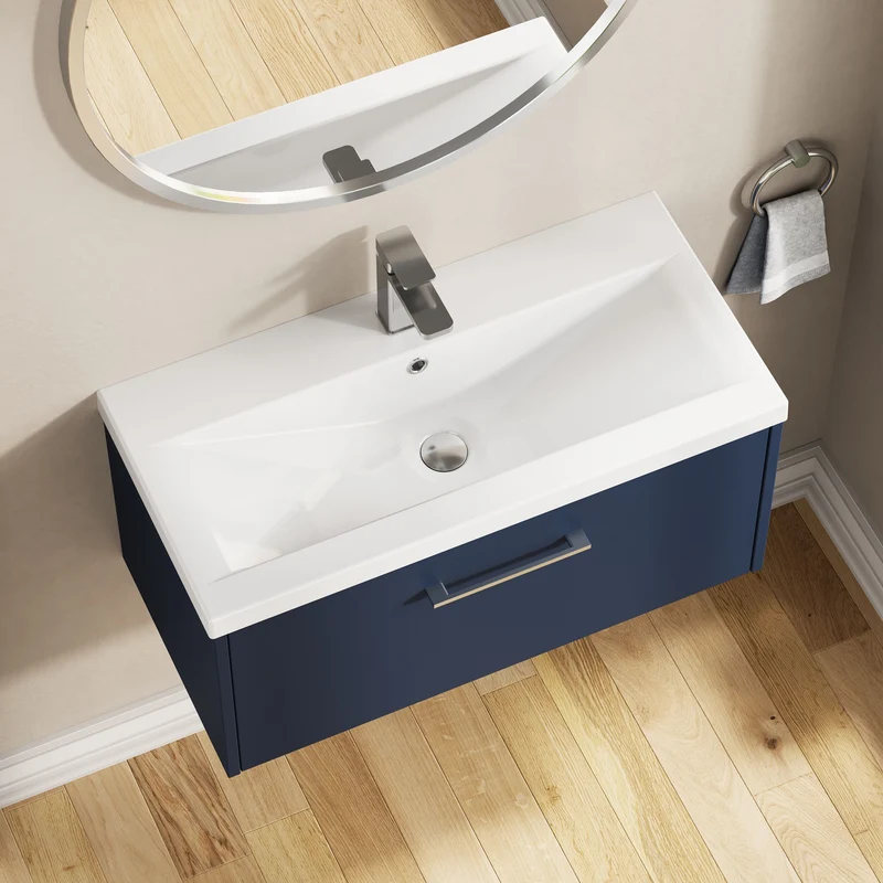Juno 800mm Wall Hung 1 Drawer Vanity Unit & Mid Edge Ceramic Basin - Midnight Blue Matt