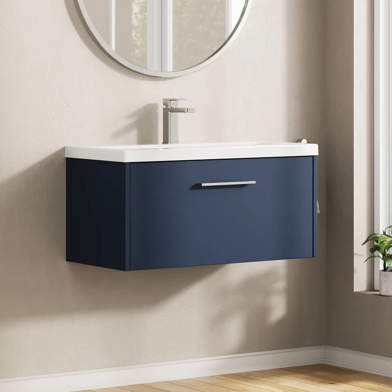 Juno 800mm Wall Hung 1 Drawer Vanity Unit & Mid Edge Ceramic Basin - Midnight Blue Matt