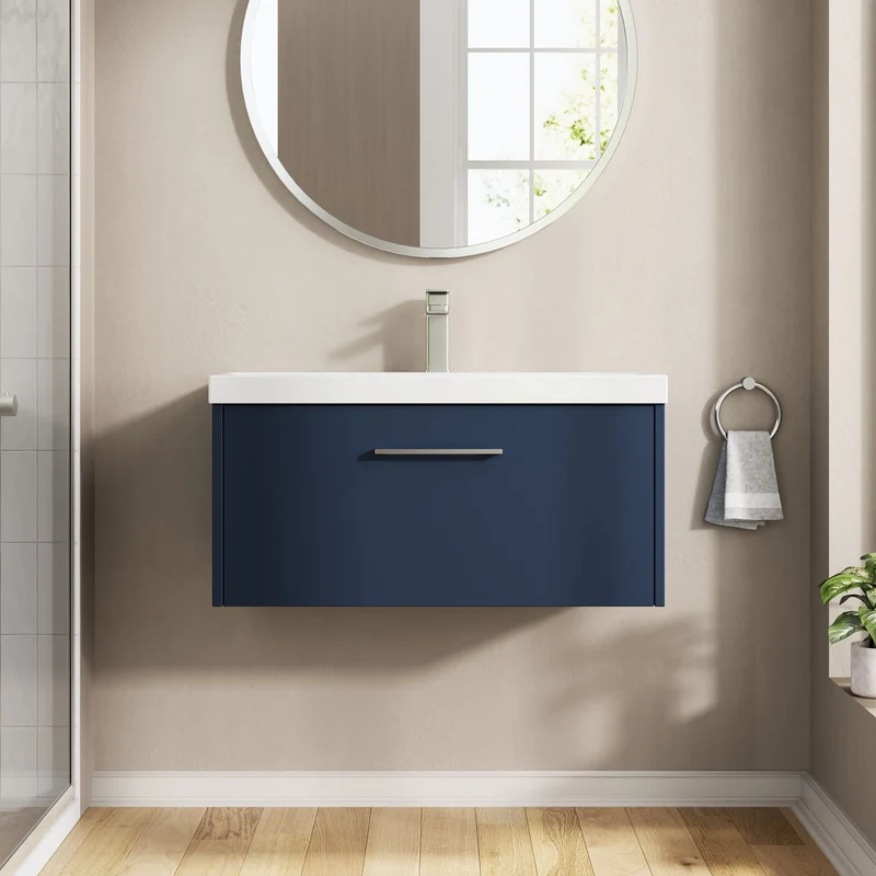 Juno 800mm Wall Hung 1 Drawer Vanity Unit & Thin Edge Ceramic Basin - Midnight Blue Matt
