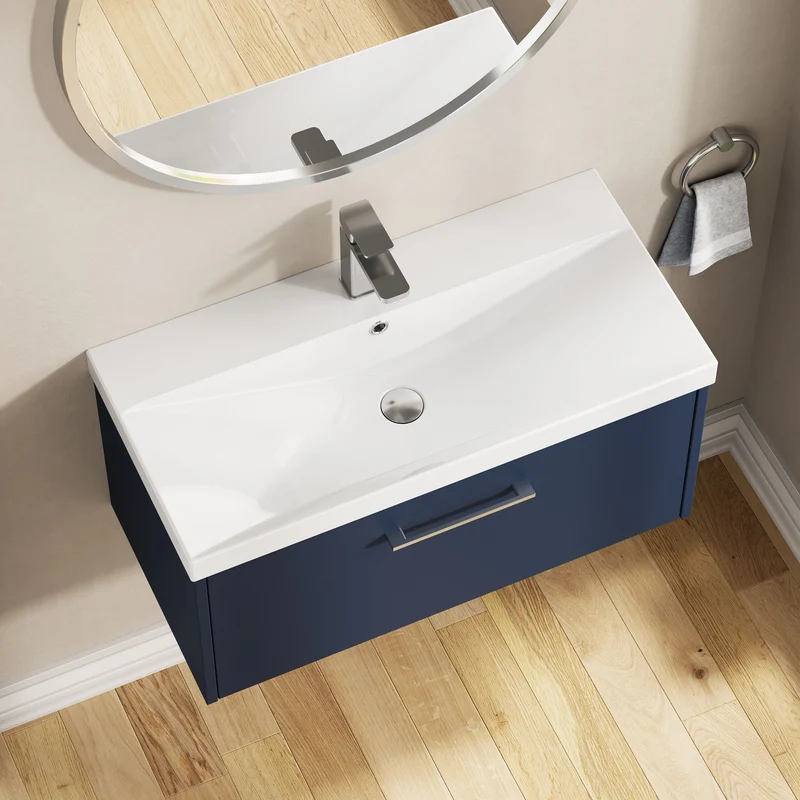 Juno 800mm Wall Hung 1 Drawer Vanity Unit & Thin Edge Ceramic Basin - Midnight Blue Matt