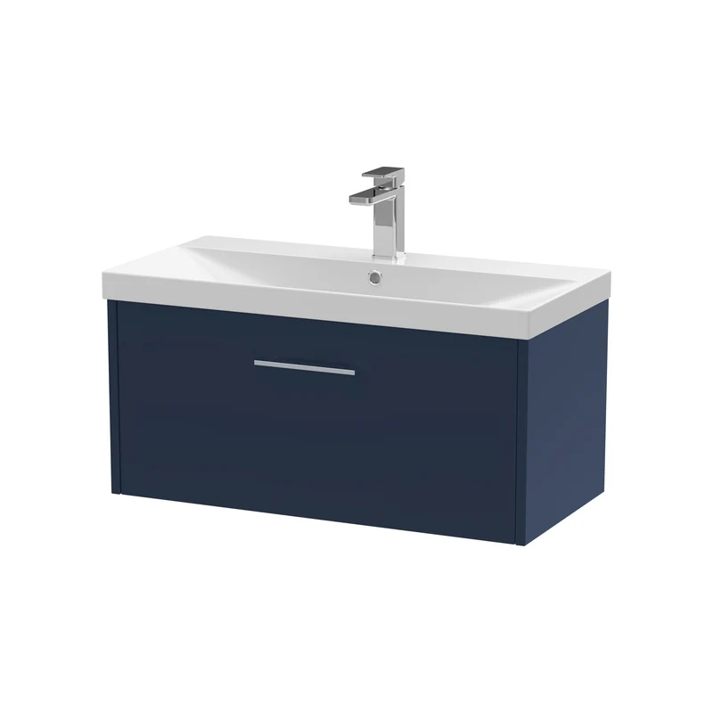 Juno 800mm Wall Hung 1 Drawer Vanity Unit & Thin Edge Ceramic Basin - Midnight Blue Matt