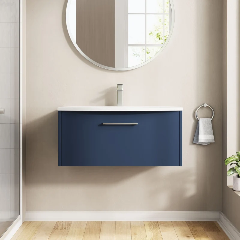 Juno 800mm Wall Hung 1 Drawer Vanity Unit & Curved Ceramic Basin - Midnight Blue Matt